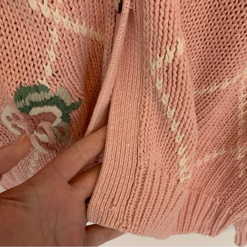 Women’s Vintage Lee David‎ Rose Floral Knit Cotton Grandma Sweater Blush Pink L - Picture 4 of 11